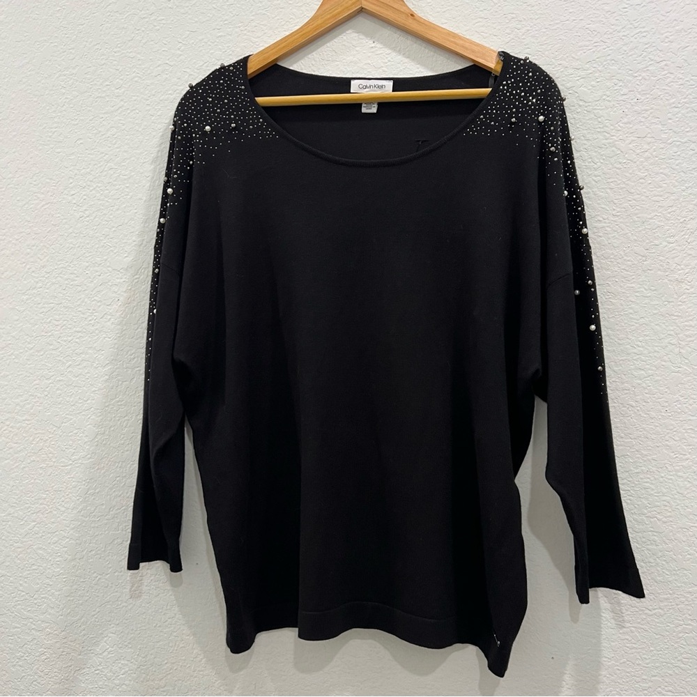 Calvin Klein Sweater With‎ Pearls And Studs Along The Shoulders Black Size Large